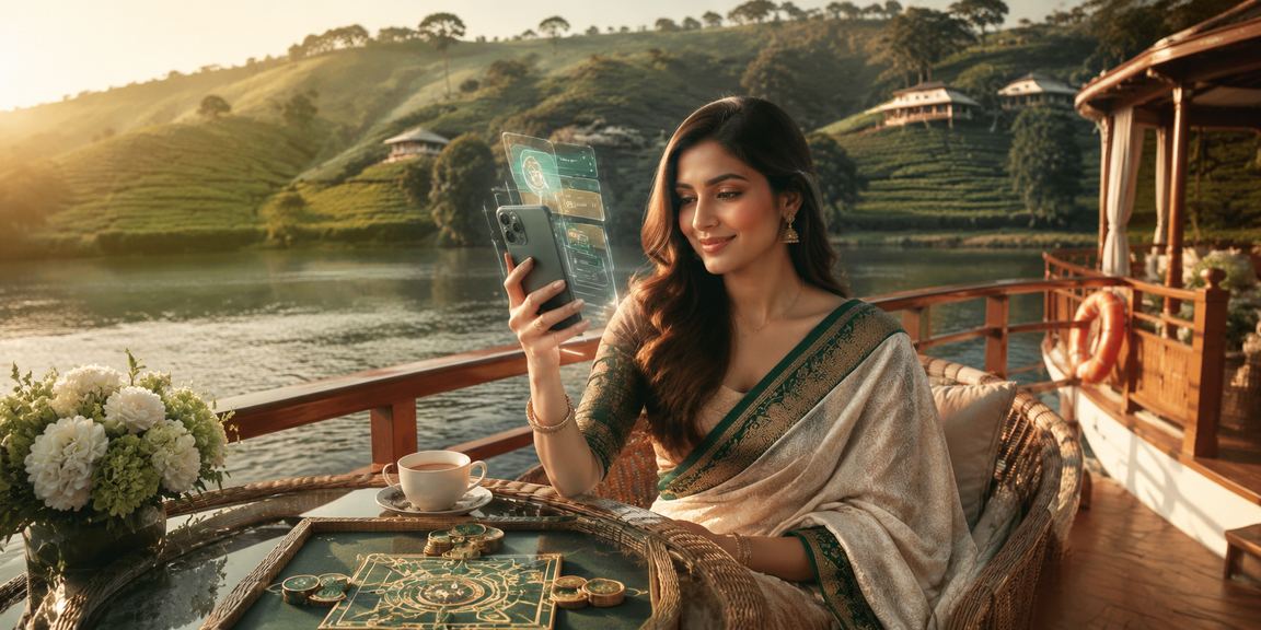 A user checking match odds on mobile against the backdrop of Sylhet's tea gardens